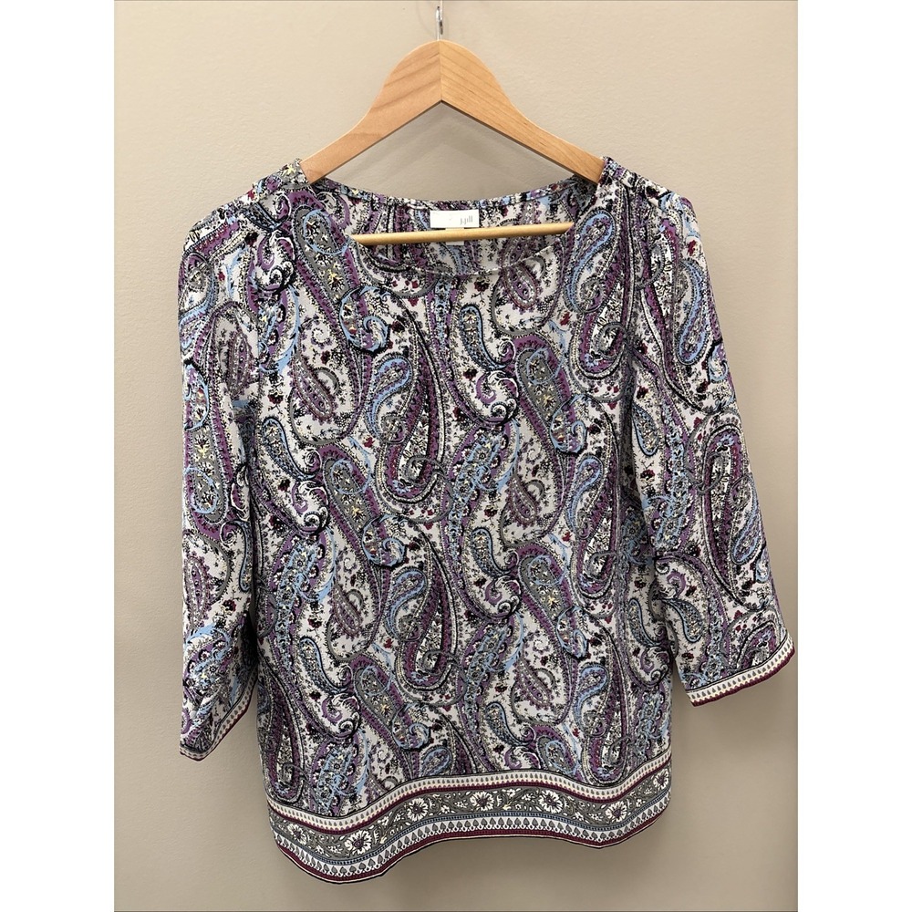 J Jill Purple Blue Paisley Patterned Layered Blouse Size Medium Flowy Dressy
